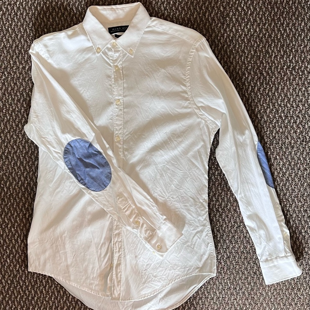 Zara White Shirt with Blue Elbow Patches